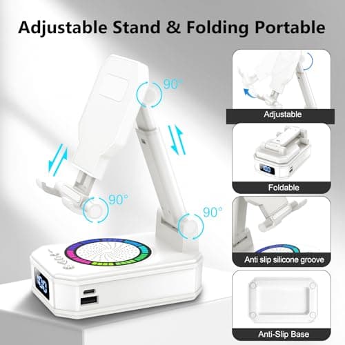 buwy Gifts for Men Women, Cell Phone Stand with Wireless Bluetooth Speaker and Colorful LED Lights, Anti-Slip Base HD Surround Sound, Rechargeable (3000mAh), Home and Outdoors Bluetooth Speaker White - Thumbnail 4