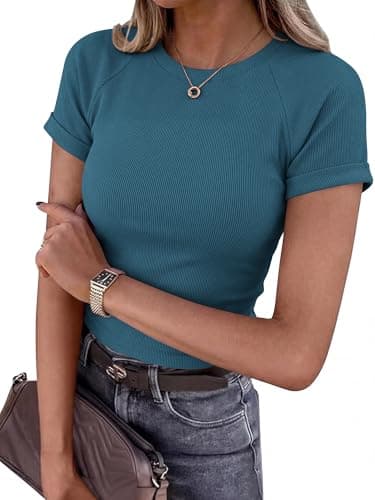 BTFBM Summer Tops for Women 2026 Crew Neck Rolled Sleeve T Shirts Knit Slim Basic Casual Spring Top Workout Y2k Clothes(Lake Blue, X-Large) - Image 1