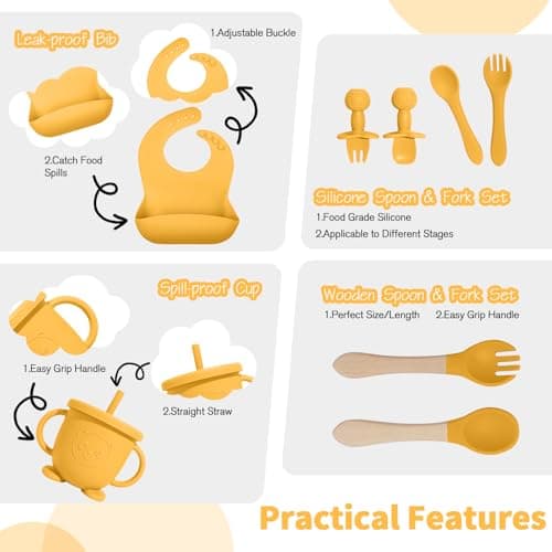 Baby Led Weaning Supplies, 17 Piece BPA-Free Silicone Feeding Set, Eating Essentials Baby Utensils with Suction Plate and Bowl, Pocket Bib, Sippy Cup with Lid, for 6+ Months, Yellow - Thumbnail 4