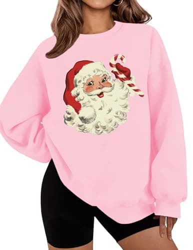 LETSEE Womens Christmas Sweatshirt Crewneck Graphic Oversized Casual Ugly Funny Pullover Sweaters Comfy Fall Fashion Outfits, A-Pink, Small - Image 1