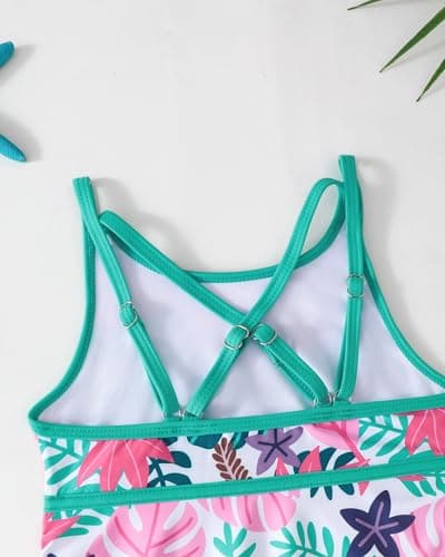 sweetabby Girls Swimsuit Toddler Bathing Suit Green Tropical Swimsuit Girl Cover Up Swim Dress with Shorts 2 Piece Tankini Set Kids Swimwear Size 8 9 - Thumbnail 6