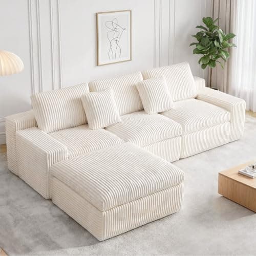 HipyMo 105" L-Shaped Boneless Cloud Couch, Modular Sectional Sofa with Ottoman and Extra-Wide Armrests, Deep Seat Sectional Couches for Living Room, High-Density Foam, No Assembly Required, Beige - Image 1