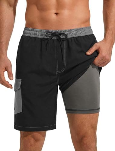 SILKWORLD Mens Swim Trunks Bathing Suits Beach Black Swim Board Cargo Shorts with Compression Liner 9 Inch Black S - Image 1