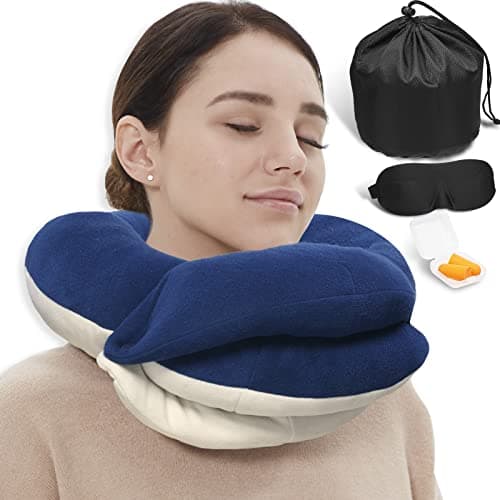 BUYUE Travel Neck Pillows for Airplanes, 360° Head Support Sleep for Long Flight, Skin-Friendly & Breathable, Kit with 3D Contoured Eye Mask, Earplugs and Storage Bag (Adult, Navy, 90+ lbs) - Image 1