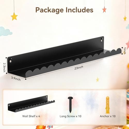 Gattlukd Floating Shelves for Wall, 23 Inch Metal Nursery Book Shelves 4 Pack, Wall Mounted Book Shelf for Kids Room, Bedroom, Bathroom, Playroom Decor (Black) - Thumbnail 2