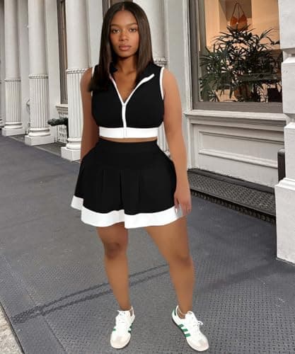 ABKY Tennis Outfits Golf Skirt Sets Women 2 Piece Outfit Zipper V Neck Crop Top and Pleated Mini Skirt Set Summer Tracksuits Black 2XL - Thumbnail 3
