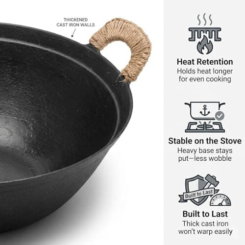 WANGYUANJI 13.4 Inch Cast Iron Wok with Wooden Lid and Iron Spatula, Flat Bottom Double-Handle Chinese Stir Fry Pan, Uncoated Cast Iron Wok for Induction, Gas and Electric Stoves - Thumbnail 3