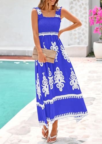 PRETTYGARDEN Womens Summer Boho Maxi Dress 2026 Casual Sleeveless Square Neck Floral Aline Smocked Beach Dresses with Pockets (Floral Royal Blue White,X-Large) - Thumbnail 3