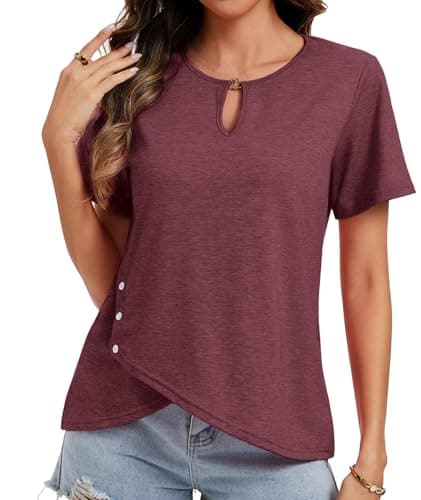 MFAVIP Womens Short Sleeve 2026 T-Shirts Crew Neck Summer Tops Casual Basic Trendy Cutout Tee Button Asymmetric Hem Wine Red - Image 1