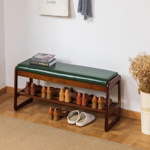 latifolia Solid Wood Bench, Entryway Shoe Bench with Cushion, Flip-Open Storage Compartment, 2-Tier Shoe Organizer(Green,39.70''L) - Thumbnail 4