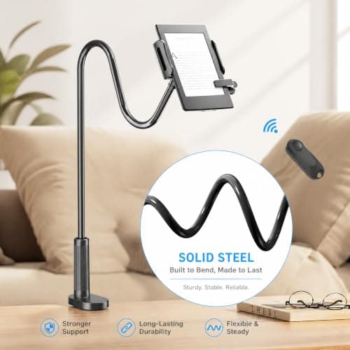 Kefotic Gooseneck Tablet Holder for Kindle Reading in Bed with Page Turner Remote, Hands Free Desk Bedside Lazy Arm Stand for Kindle Accessories, Gifts for Readers - Thumbnail 5