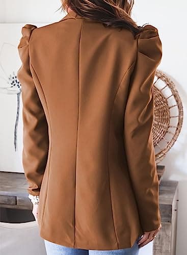 KIRUNDO Women's 2026 Spring Fall Casual Blazers Puff Sleeve Lapel Open Front Work Suit Office Blazer Jackets with Pockets(Brown, Large) - Thumbnail 4