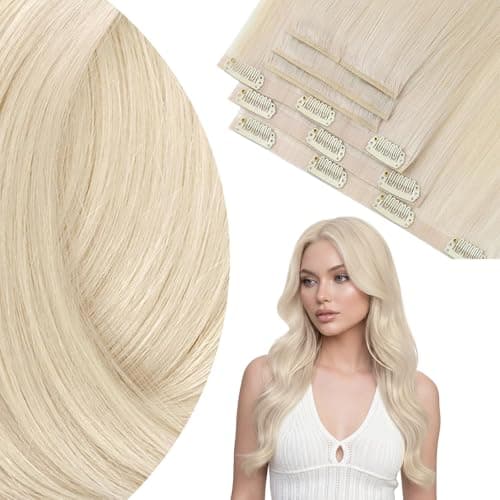 Ve Sunny Blonde Clip in Hair Extensions Real Human Hair 14 inch Seamless Genius Remy Hair Extensions Clip in Human Hair Platinum Blonde for Women 105g - Image 1