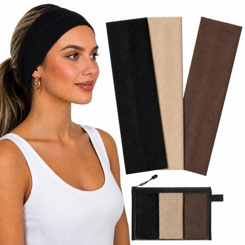 WENNKINN Headbands for Women Non Slip, Soft Cotton Elastic Cloth Hairband for Workout Gym Running Sports, Sweat Wicking Wide Headband, 3 Pack with Bag(Black, Khaki, Light Coffee)