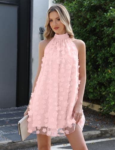 Gleeneat Womens Summer Halter Bridal Shower Cocktail Short Wedding Guest Tulle Floral Dresses for Bride 2026 A Line Homecoming Formal Rehearsal Dinner Engagement Dress Flowy Dress Outfit Light Pink - Thumbnail 5