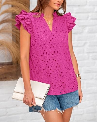 BTFBM Women Summer Eyelet Tops Dressy Casual V Neck Ruffle Cap Sleeve Cotton Boho Shirts Lace Embroidered Blouses 2025(Rose Red, X-Large) - Thumbnail 4