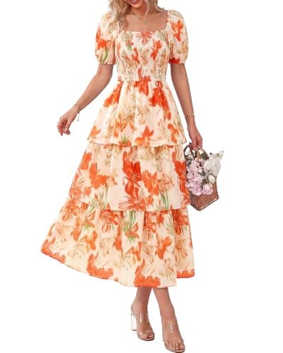 BTFBM Womens Square Neck Smocked Dress Summer Puff Short Sleeve Floral Casual Ruffle Tiered Maxi Wedding Guest Dresses(Floral Apricot Orange, X-Large) - Image 1