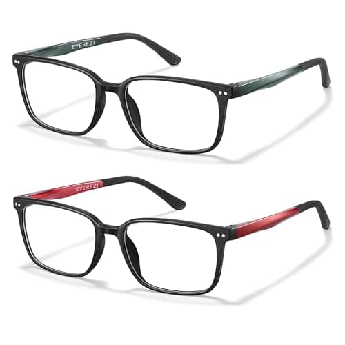 EYEREZI Reading Glasses for Men Square Lightweight TR90 Frame mens Accessories Computer Anti Blue Light Blocking Readers with Spring Hinge,2.0x Black+Red,2 Pack