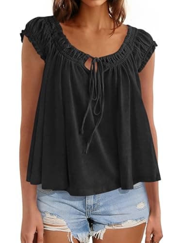 Beloyoni Womens Summer Babydoll Flowy Tank Tops Tie Front Ruffle Cap Sleeve Blouses Cute Going Out Dressy Shirts Black L - Image 1