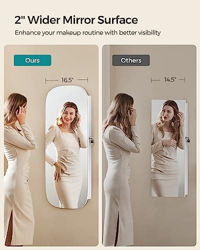 SONGMICS Jewelry Organizer, LED Jewelry Cabinet Wall/Door Mounted, Lockable Rounded Wide Mirror with Storage, Interior Mirror, 3.9 x 16.5 x 42.5 Inches, White Surface with Greige Lining - Thumbnail 5