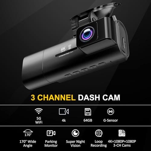 4K Dash Cam Front and Rear Inside,3.16" IPS,3 Channel Dash Cam for Car with 5G WiFi,Free 64GB Card,170° Wide Angle,Loop Recording,G-Sensor,WDR,Night Vision,Time-Lapse,24H Parking Monitor - Thumbnail 2