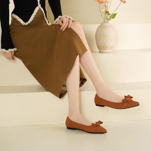 AHZEHRSE Women's Flats Pointed Toe Ballet Flat Classic Dressy Comfortable Slip On Bow Knit Shoes Brown - Thumbnail 4