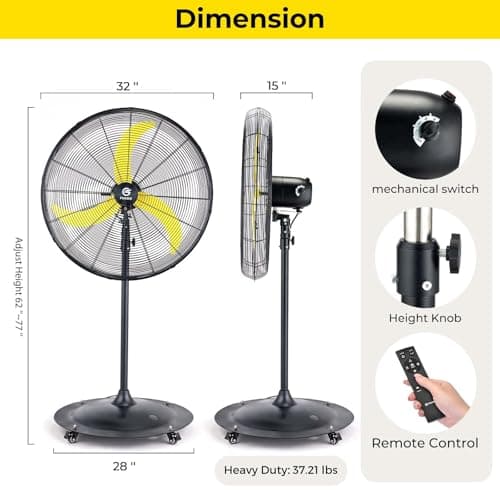 FUGOO 30" Quiet Industrial Oscillating Pedestal Fan-Brushless DC Motor,8800 CFM Heavy Duty Fan with Remote,Energy Efficient for Garage,Workshop,Office,Patios,Commercial - Thumbnail 2