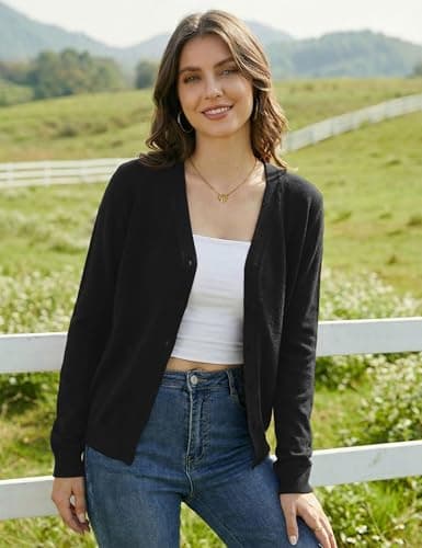LaGracia Cardigan Sweaters for Women Long Sleeve V Neck Button Down Open Front Wool Blend Lightweight Sweater Black S - Thumbnail 4