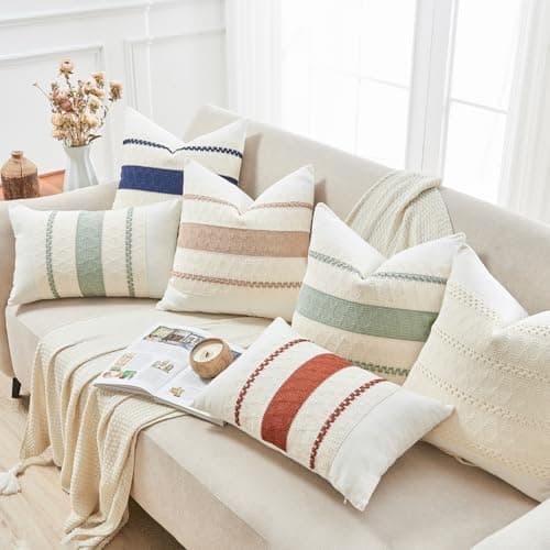 GriNeed Throw Pillow Covers Set of 2 12x20 Inch Boho Pillow Covers, Soft Lumbar Neutral Cotton White Decorative Case for Couch Sofa Bed Living Room, Home Modern Woven Farmhouse Cute Decor - Thumbnail 5