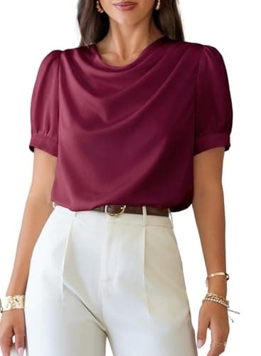 Dokotoo Dressy Tops for Women Fashion Cowl Neck Short Puff Sleeve 2026 Summer Casual Ladies Top Blouses Work Office Satin Blouse Spring Outfits Red Small - Image 1