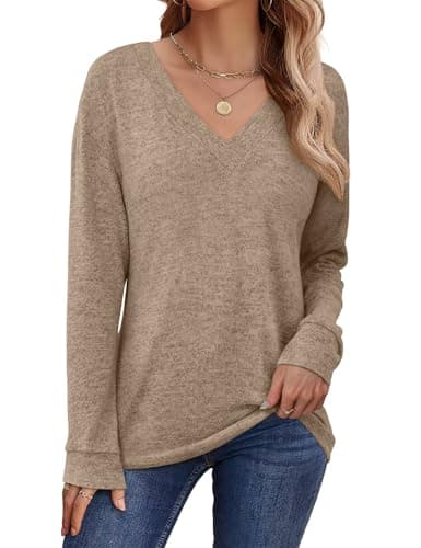 JUSTFASHIONNOW Tops for Women Trendy Long Sleeve Shirt V Neck Tunic Tops Loose Fit Dressy Plus Size Blouses Fall Sweaters Basic Tees Winter Clothing 2025 (Brown,XX-Large) - Thumbnail 4