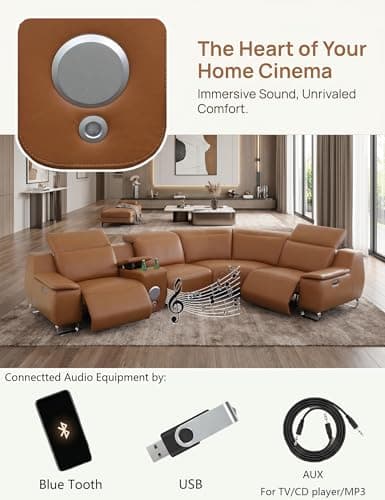 Power Reclining Sectional Sofa Set, Modular L shape Leather Couch Reclining for living room, Home Theater, with Storage Console, Bluetooth Audio, USB & Wireless Charging, Living Room Furniture Set - Thumbnail 4