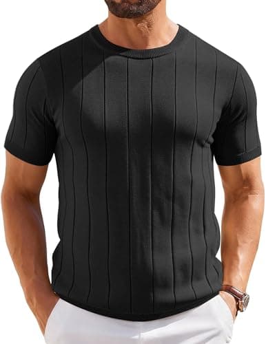 COOFANDY T Shirts for Men Summer Crew Neck Ribbed Sweater Shirts Slim Fit Short Sleeve Dressy Shirts B- Black - Image 1