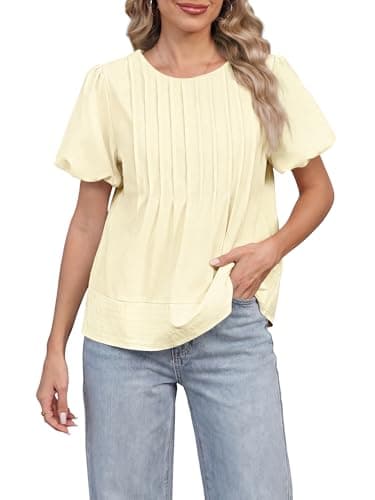 Funlingo Womens Summer Babydoll Tops Short Puff Sleeve Blouses Casual Loose Fit Flowy Crew Neck Pleated Shirts Fashion Clothing Beige XL - Image 1