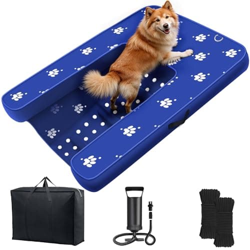 Inflatable Dock Platform, Dog Boat Ramp Floating Non-Slip Oxford and PVC with Lagre Water Ramp for Dogs Pool, Dock, Lake with Traction Rope, Manual Air Pump (4.7ft x 3.1ft x 6in) L03