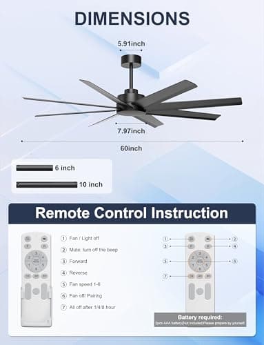 Ohniyou 60'' Ceiling Fan No Light - Modern Black 8 Blades Ceiling Fan Remote/APP Control, DC Motor Outdoor Fan for Covered Patio, Living Room, Shop, Garage - Thumbnail 6