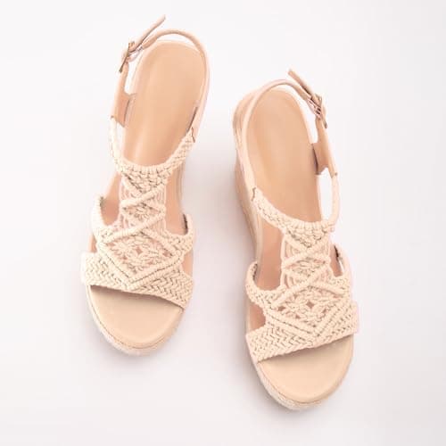 RUSAUISE Peep Toe Wedge Shoes for Women Open-back Braided Espadrille Wedge Platform Sandals Cutout Buckle Strap Casual Summer Shoes Nude Size 9 - Thumbnail 6