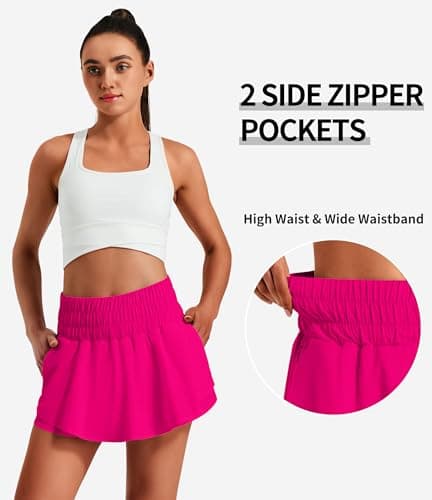 Hugut Women's Ruffle Skirt Overlay High Waisted Tennis Athletic Shorts for Running Workout Golf Two Zipper Pockets Rose - Thumbnail 6
