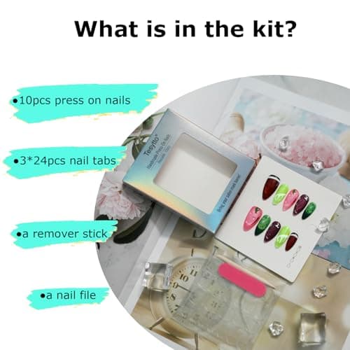 Tesytto Fruit Press on Nails Medium Almond - Cat Eye Effect with Hand-painted Watermelon Lemon & 3D Water Drop Cute Edgy Style, Thick Acrylic and Muti-Layer Gel False Nails (Fruit Party, M) - Thumbnail 4