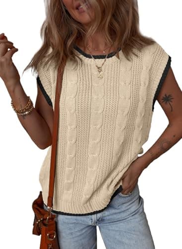 Dokotoo Tank Tops Round Neck Cap Sleeve Color Block Cable Knit Going Out Tops for Women Tops for Women Trendy Tank Top for Women Apricot X Large - Image 1