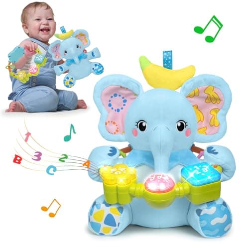 Baby Elephant Musical Stuffed Animals Toy with Light-Up Music & Crinkle,Infant Bilingual Early Learning Education Toys,1st Easter Basket Shower Stuffers for 0-3-6-12+ Months Boy Girl Gifts,Blue - Image 1