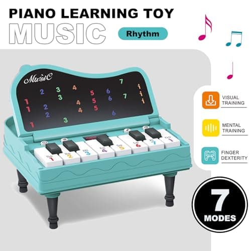 Mini Piano for Kids with Music Notes Guiding- 13 Keys Pocket Travel Keyboard Toy with 7 Modes - Portable Musical Instrument Toys Birthday Gifts 3 4 5 6 Year Old Boys Girls (Blue) - Thumbnail 2