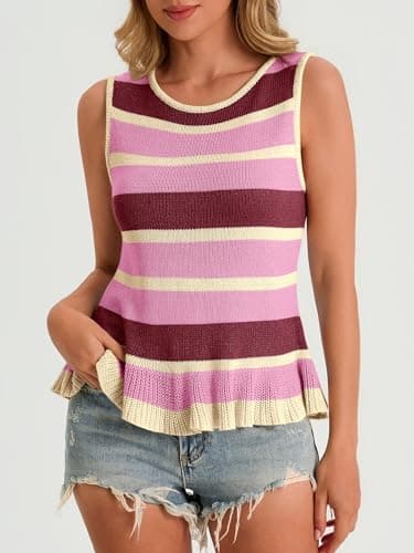 Cicy Bell Womens Striped Sweater Vest Summer Casual Sleeveless Ruffle Knit Tank Tops Crew Neck Lightweight Shirts Pink - Thumbnail 2
