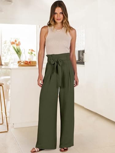 ANRABESS Womens Wide Leg Palazzo Pants Belted High Waisted Business Casual Flowy Long Trousers with Pockets Army Green XX-Large - Thumbnail 6