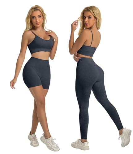 YOAKUKA Women's 4 Piece Workout Sets Seamless Acid Wash Yoga Outfits with Short Sleeve Top Sports Bra Biker Shorts High Waist Leggings Active Set - Thumbnail 3