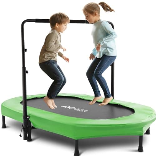 ANCHEER Trampoline for Kids, 56" Double Toddler Trampoline with Adjustable Handlebar, 220LBS Weight Capacity - Indoor/Outdoor Foldable Jumper for 2+ Users (ASTM Certified)