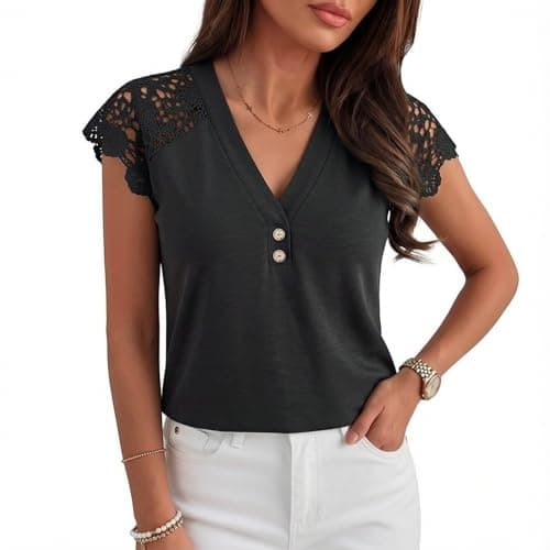 Angashion Womens Tops Lace Short Sleeve Casual V Neck Tunic with Button Summer Elegant Business Work Blouse Black Medium - Thumbnail 5
