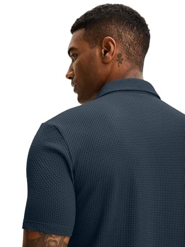 JEMLDL Men's Jacquard Polo Shirts Moisture Wicking Super Stretch Casual Jacquard Collared Short Sleeve Golf Polo Shirts for Men Navy Blue XL - Thumbnail 4