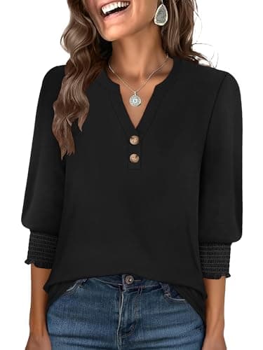 ANRABESS Women's 3/4 Sleeve Henley Blouse, Soft V Neck Top for Dressy Casual, Work & Business Office Wear Black Small - Image 1
