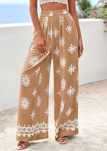 PRETTYGARDEN Women's Wide Leg Palazzo Pants 2026 Summer Boho Floral Trousers Spring Flowy Beach Vacation Clothes Resort Wear (Khaki,XX-Large) - Thumbnail 2